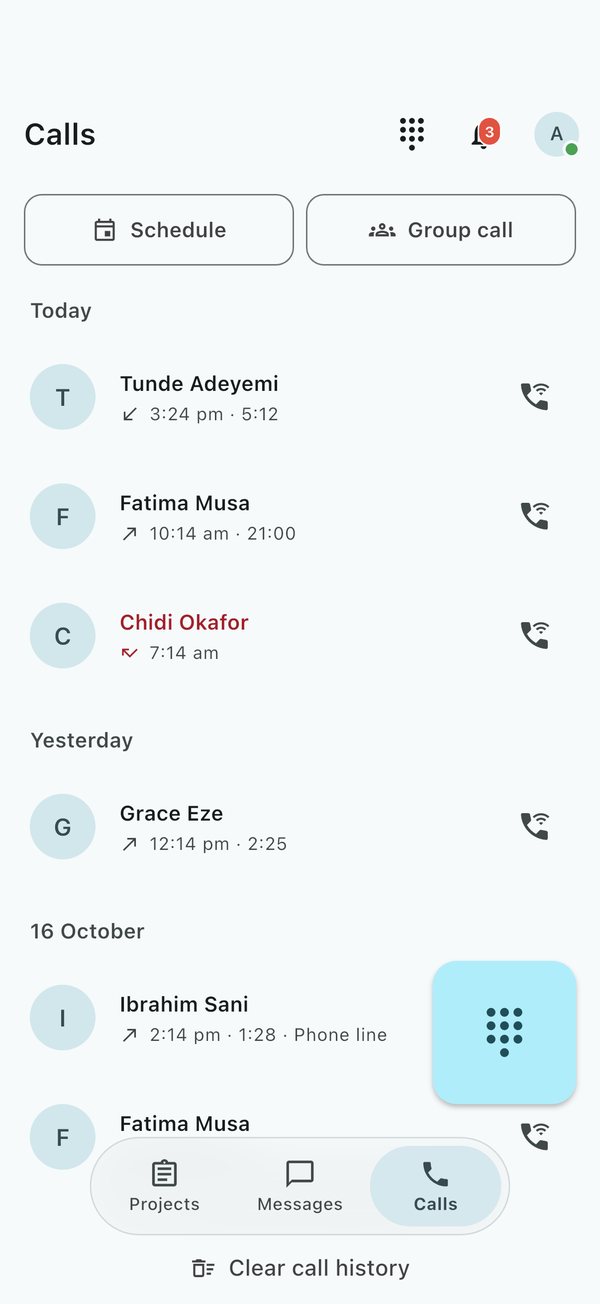 The Calls tab, with Schedule and Group call at the top