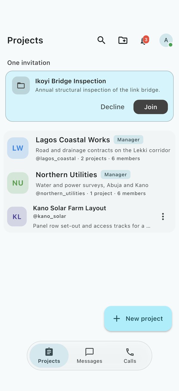 The home screen on the Projects tab, with an invitation waiting